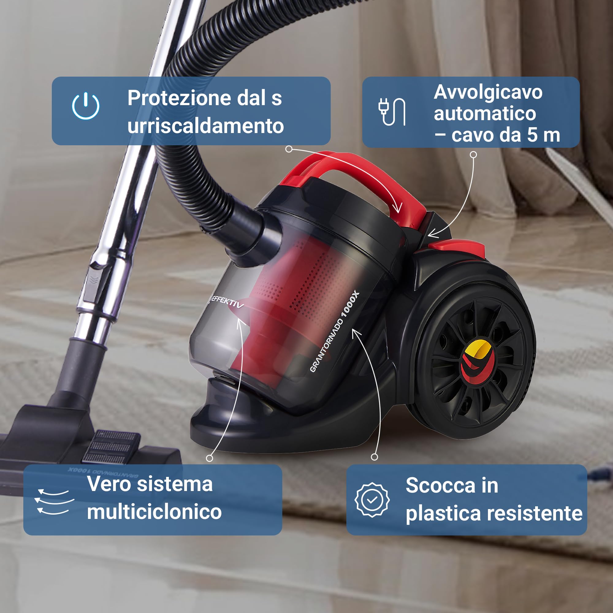 EFFEKTIV Aspirapolvere senza Sacco GranTornado 1000X, Aspirapolvere Potente Compatto Ciclonico 1200W, Potenza di Aspirazione 85000Pa, Capacità 2.5Litri, 76dB, Filtro HEPA, Cavo 3m, Per Peli Animali