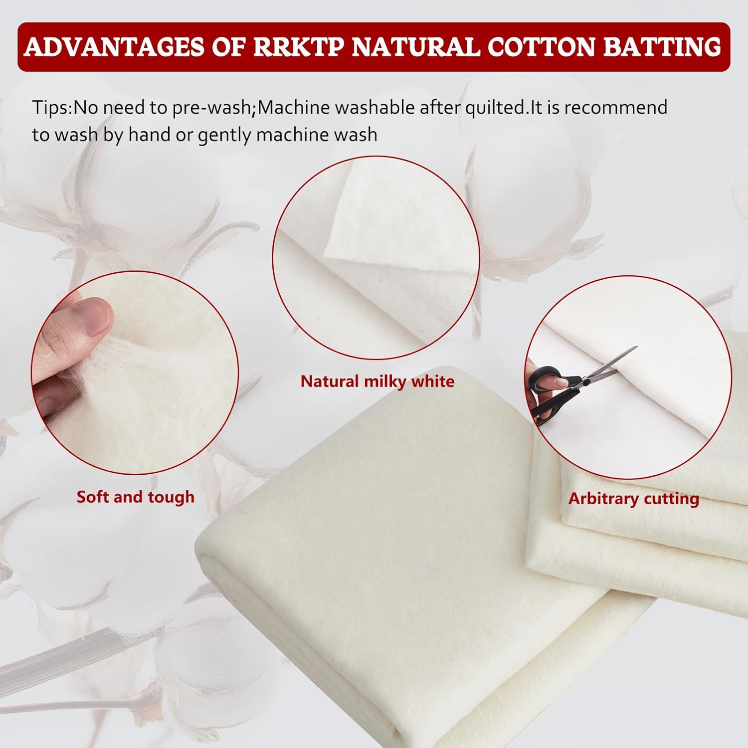 RRKTP Cotton Batting for Quilting，200 g/m² Lightweight Quilt Batting Queen Size，Natural All Season Comfort Cotton Stuffing, Sewing Handmade & DIY Crafts 90"×96"