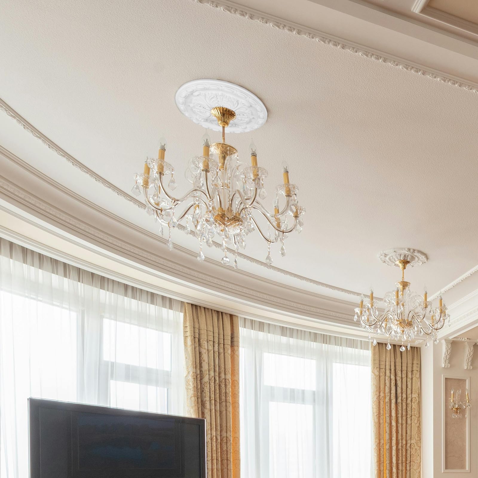 Rosone da Soffitto in Poliuretano Bianco Design Artistico Elegante, Medaglione Decorativo Resistente per Lampadari Salotto e Miglioramento Estetico del Soggiorno