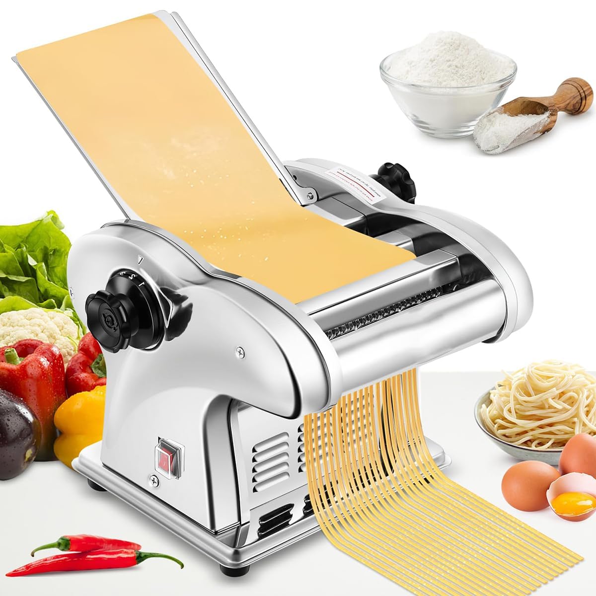 Elektryczna maszynka do makaronu - 3 w 1 maszyna do makaronu o regulowanej grubości (0,5-3 mm) | kompaktowy wałek do ciasta do owijania świeżego makaronu i wonton