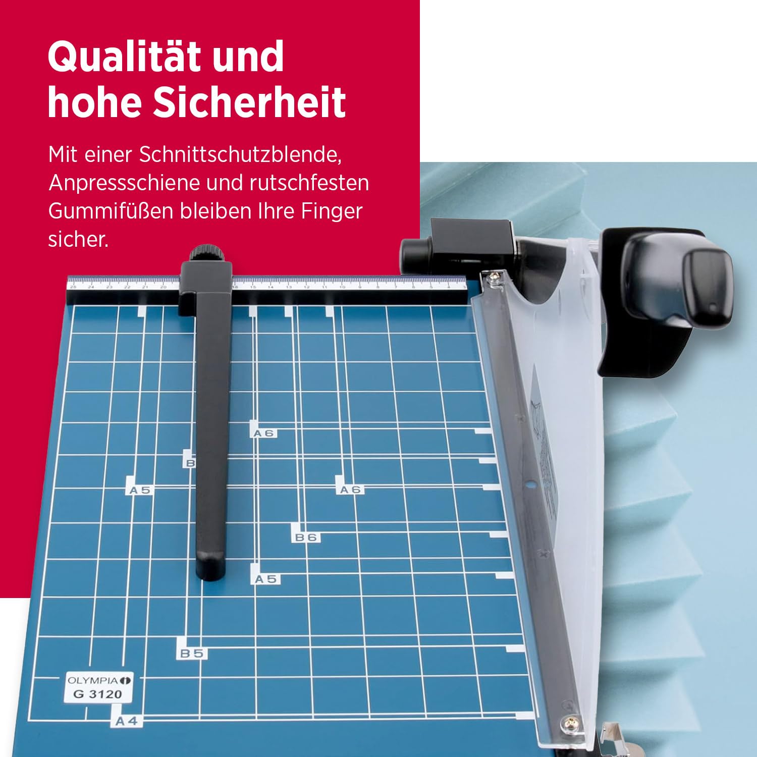 Olympia G 3120 Profi Hebelschneider | Papierschneidemaschine bis zu 20 Blatt | Papierschneider DIN A4 | 310 mm Arbeitsbreite | Schneid-Schutz & Arretierungsmöglichkeit | Papier Schneidegerät | blau