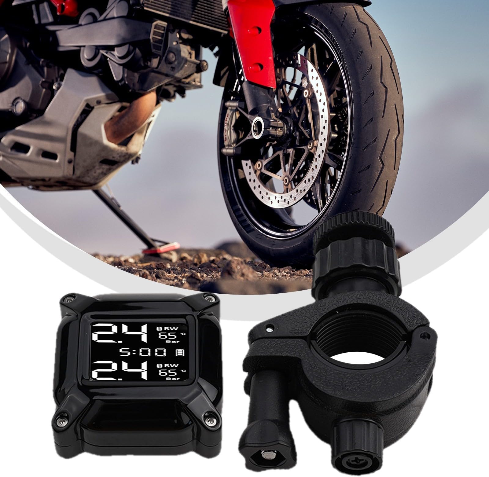 Wireless TPMS for Motorcycle, Motorcycle Tire Pressure Monitor with External Sensors, 7-Alarm System, 433.92 MHz, Black