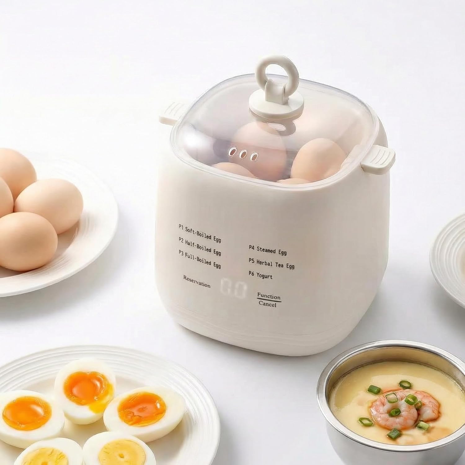 Electric Egg Cooker, 6-in-1 with Auto Shut Off & Alarm, Temp Control Hard/Soft Boiled Onsen Tamago Yogurt Maker BPA-Free Stainless Steel, Mini Egg Steamer Compact for Home Kitchen