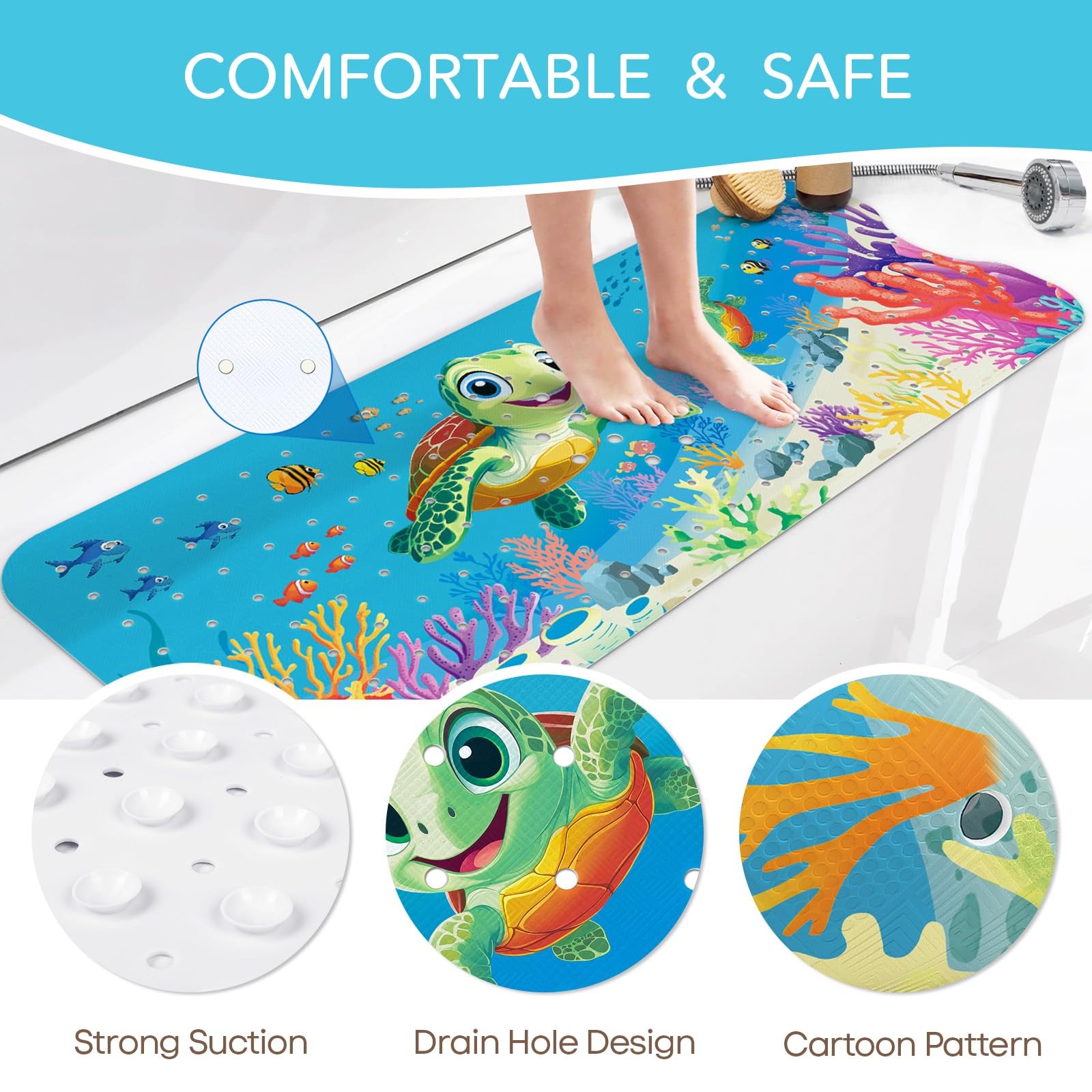 SHUCHING Badewannenmatte rutschfest Kinder, 100 X 40 cm Badematte rutschfest Kinder, Antirutschmatte Badewanne Baby 100% BPA Frei, Maschinenwaschbar, Meeresschildkröte