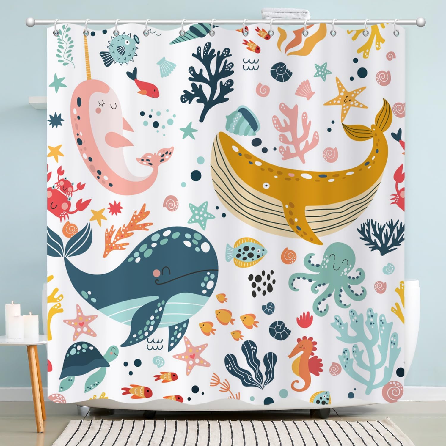 Kids Whale Shower Curtain, Funny Cute Ocean Fish Cartoon Sealife Under Sea Coral Starfish Bath Curtain Waterproof Fabric Machine Washable with Hooks, 72" Wx96 L