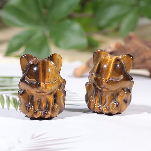 Miniatura 4 de Rockcloud Paquete de 2 esculturas de zorro de nueve colas de ojo de tigre para decoración de hogar y oficina