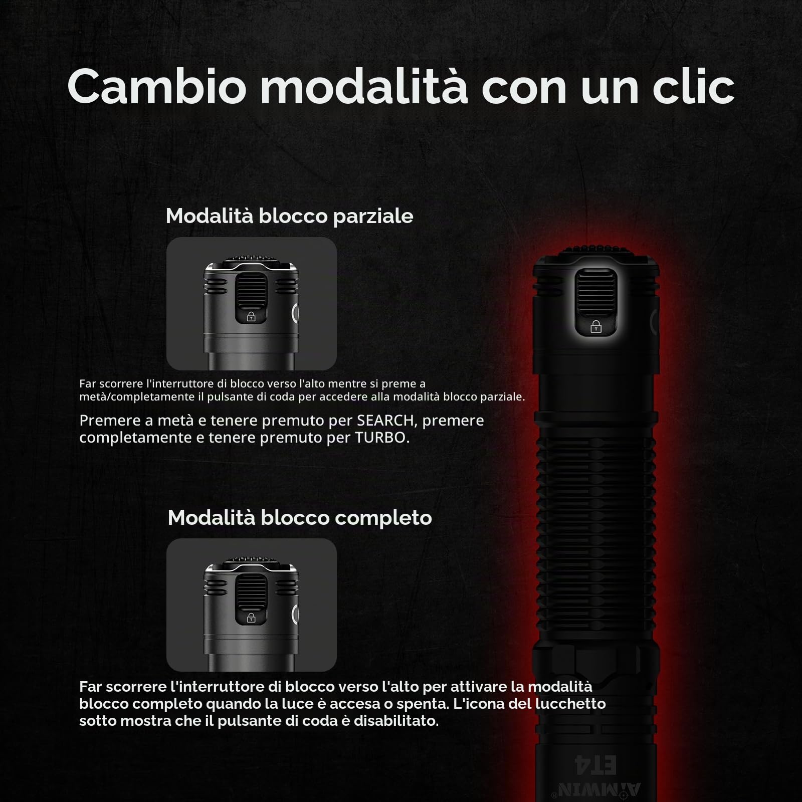 AIMWIN Torcia Elettrica Ricaricabile Tattica ET4 EDC 3500 Lumen Portata 380m 4 Livelli di Luminosità Modalità Search/Turbo Istantanee Pulsante Posteriore USB-C Ricarica Rapida Torcia Compatta