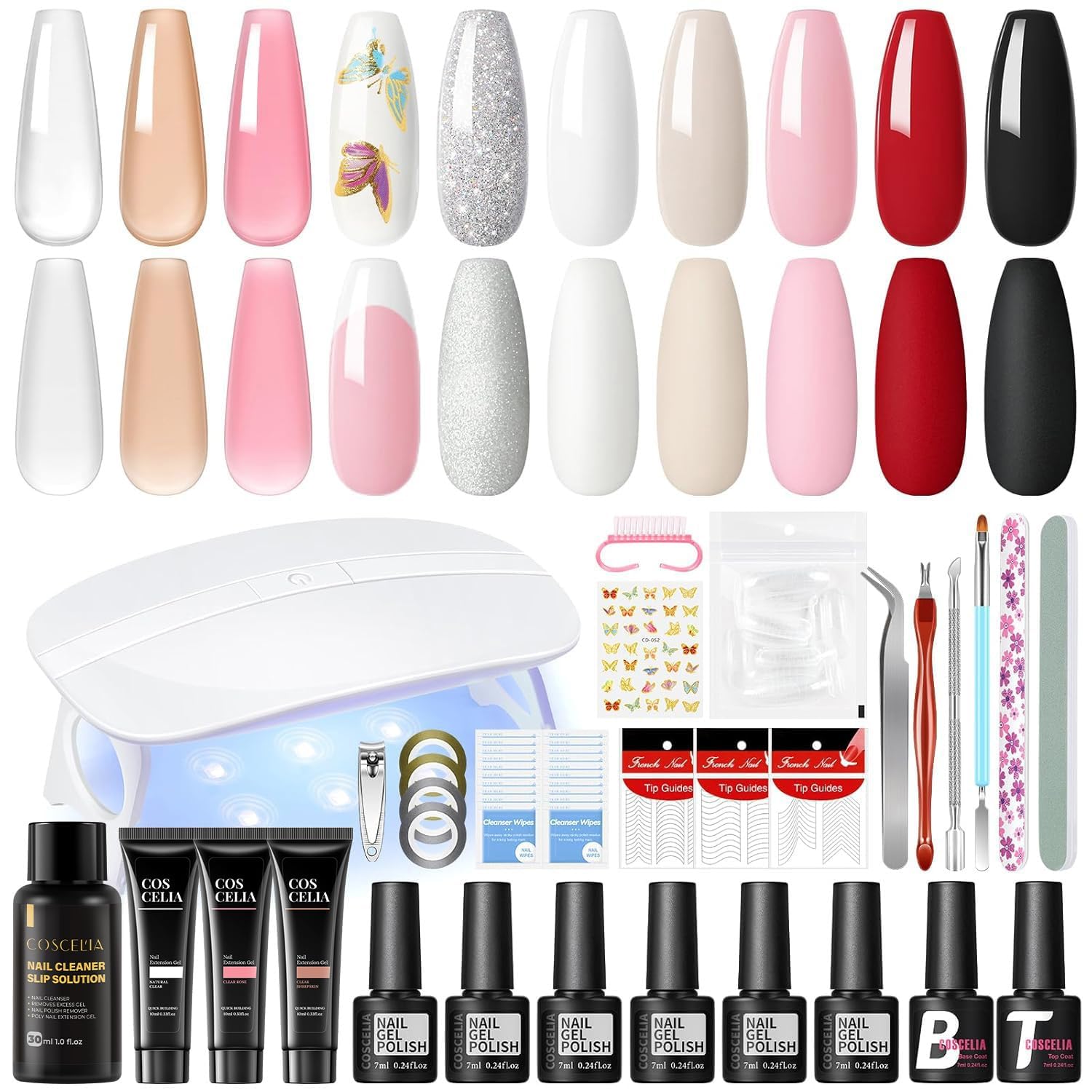 COSCELIA Esmaltes Semipermanentes, 6 Colores Pintauñas Semipermanente y 3 Colores Extensión de Uñas con Lámpara, Kit Uñas Semipermanentes con Base Top Coat,Set Manicura para Principiantes