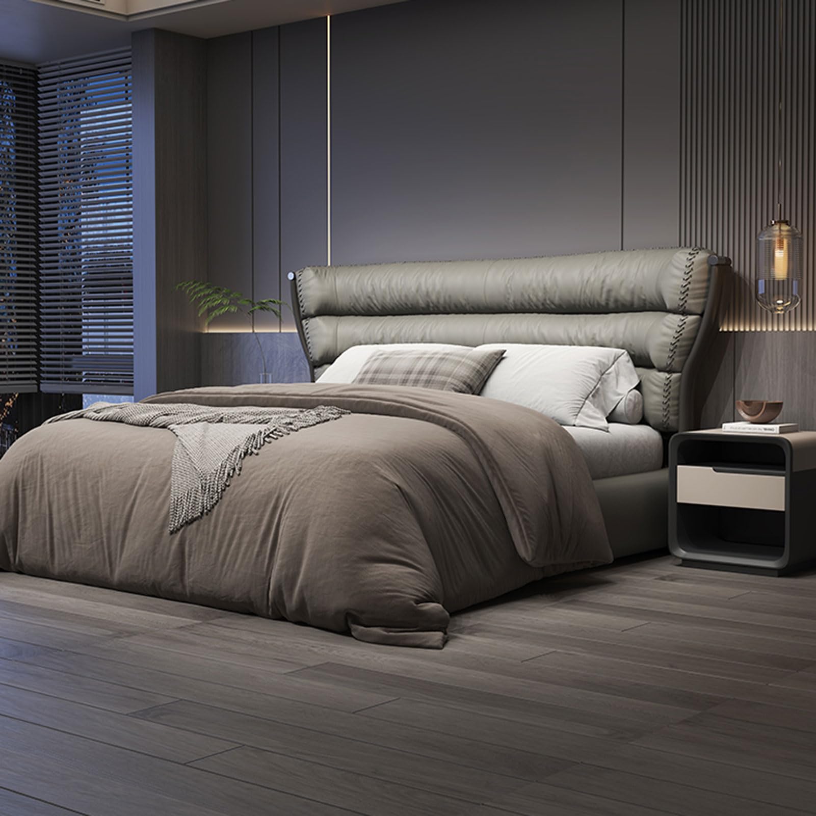 Gray King Size Genuine Leather Bed Upholstered Platform Bed Frame with Headboard and Storage Drawers Strong Wooden Slat