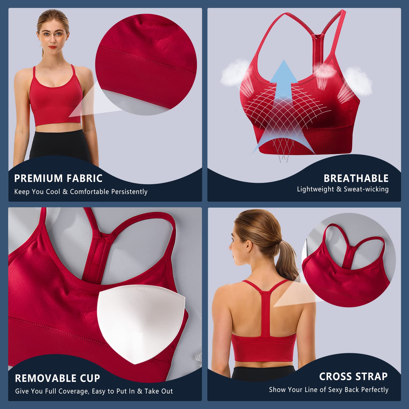 Sujetadores deportivos para mujer, espalda cruzada, acolchados, soporte medio, para yoga, gimnasio, correr, entrenamiento, fitness, B - Rojo, Large