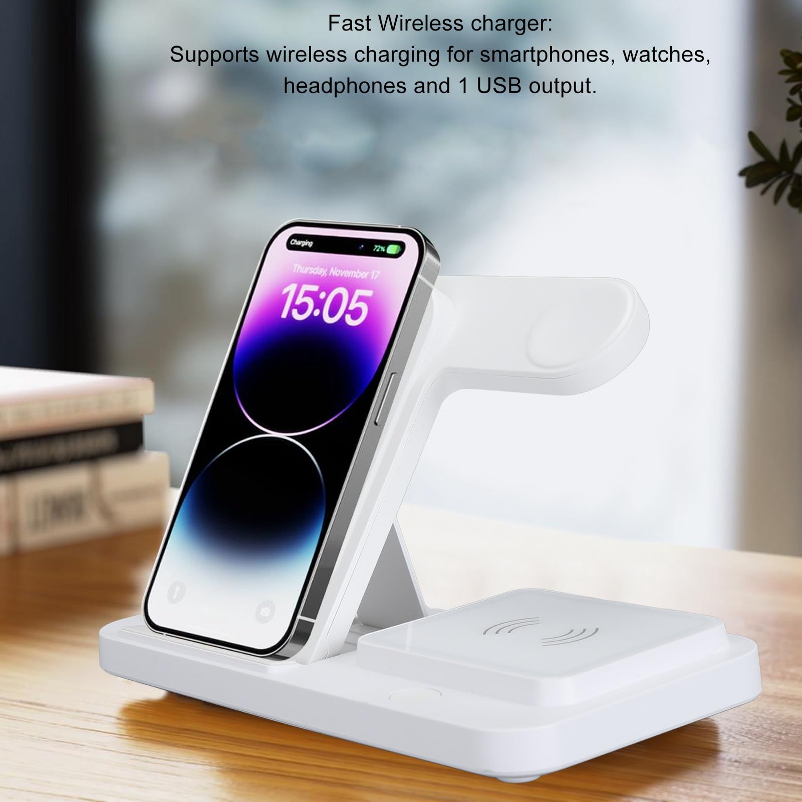 Cocoarm Station de Charge sans Fil Pliable 4 en 1, Sortie USB (White)