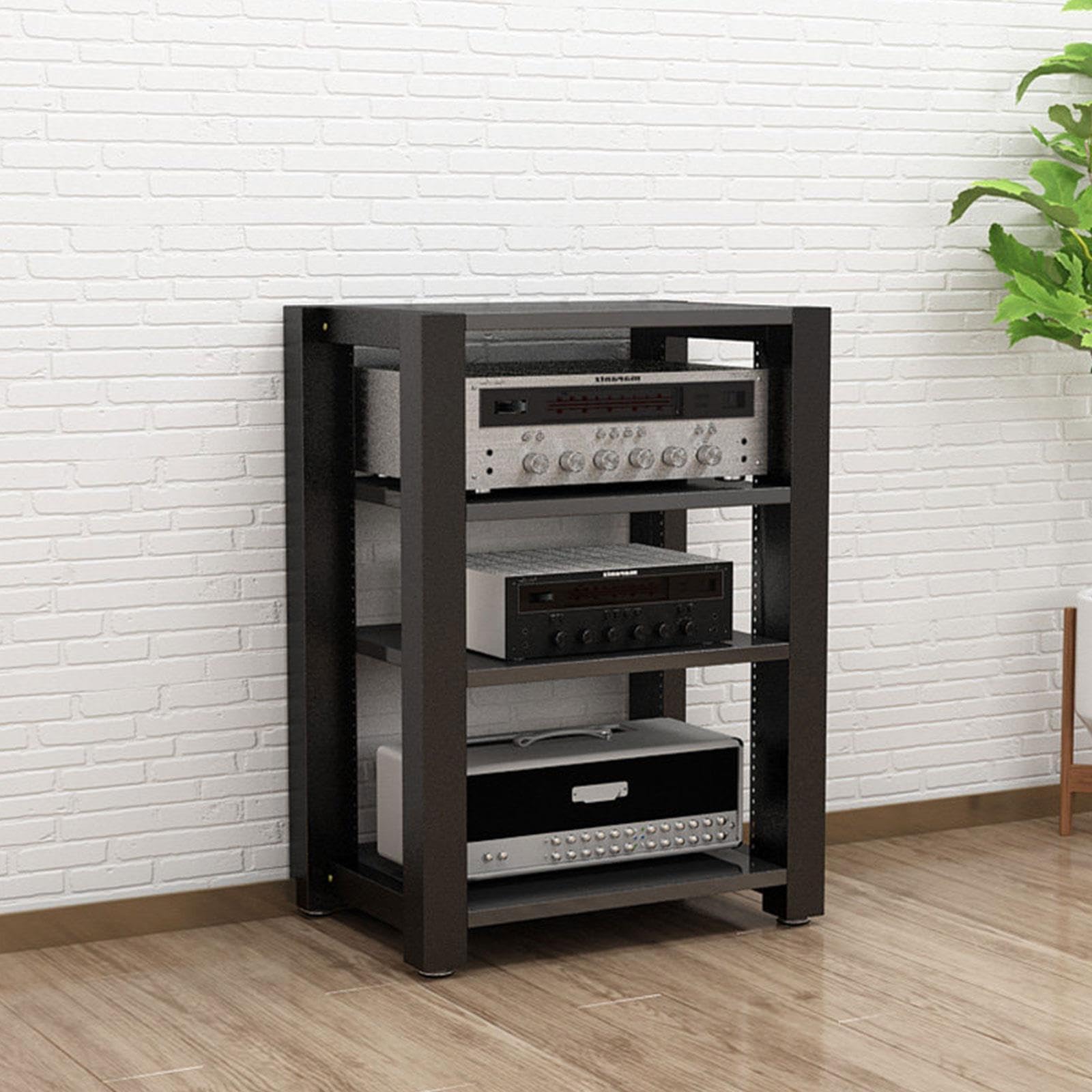 Mobile Hifi Rack Stereo in Legno e Metallo, Aperto con Ripiani Regolabili