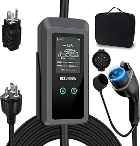 Level 1&2 EV Charger, 16Amp, Portable Charger for Home/Outdoor, 25FT Cable 110V-240V, J1772 Electric Cars, Charging Stations, Current Adjustable, NEMA 6-20 & NEMA 5-15 Adapter. Tesla Needs Adapter