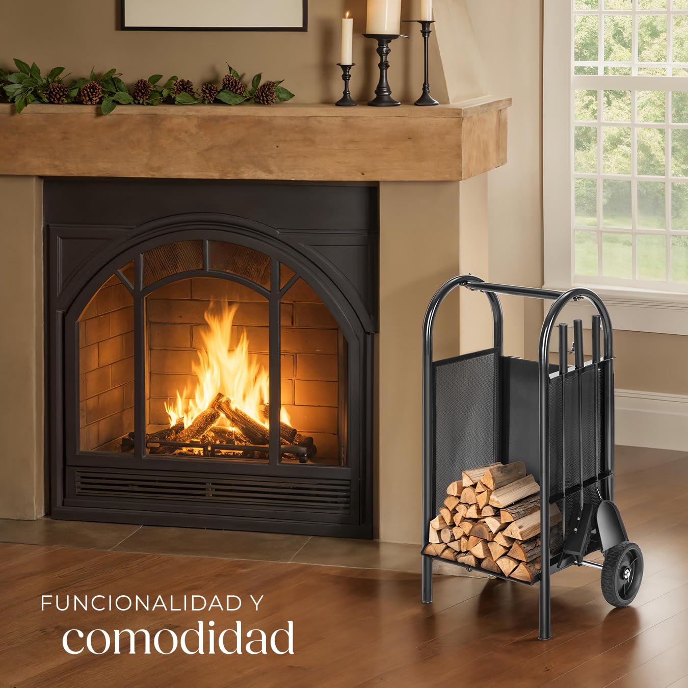 tectake® Leñero Exterior e Interior, Carro con Ruedas, Estructura de Acero Perforado, Almacenamiento Exterior Práctico, con Herramientas Chimenea, Carretilla, Leña para Chimenea - 42,5 x 38 x 80,5 cm