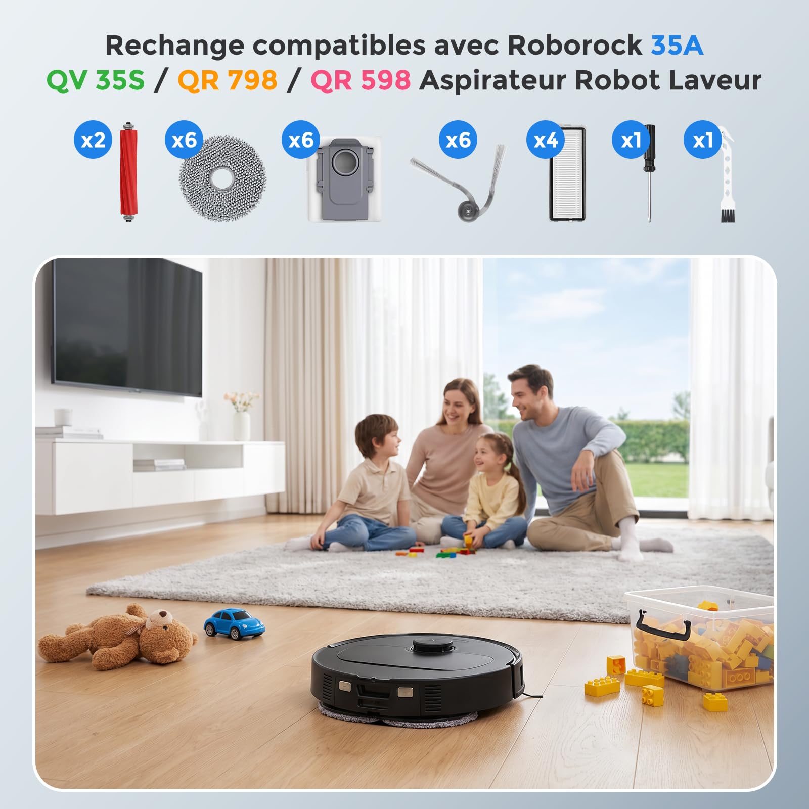 26 akcesoriów wymiennych do roborock QV 35A / QV 35S / QR 798 / QR 598 robot odkurzający, 6 worków na kurz 6 mopów 6 szczotka boczna 4 filtr HEPA 2 szczotka główna