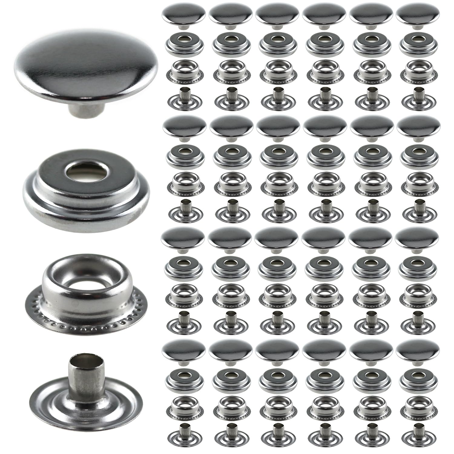 LUORNG 100PCS Stainless Steel Snap Fastener Silver Stainless Steel Heavy Duty Snap Fastener 15MM/0.59Inch for Jean Fabric Jacket Clothing Bag and Leather DIY Craft