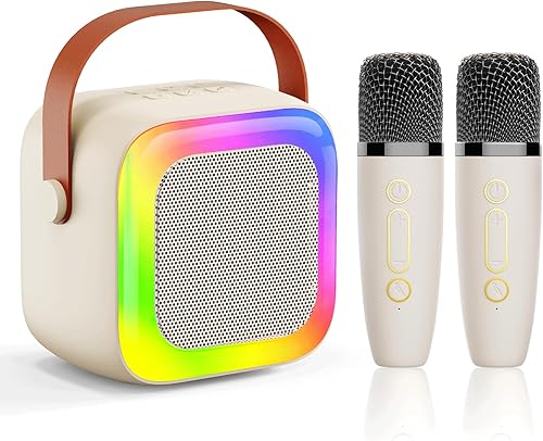 Miniatura 7 de Mini máquina de karaoke para niños, adolescentes y adultos, máquina de karaoke para niños con 2 micrófonos inalámbricos y luces LED, juguetes para