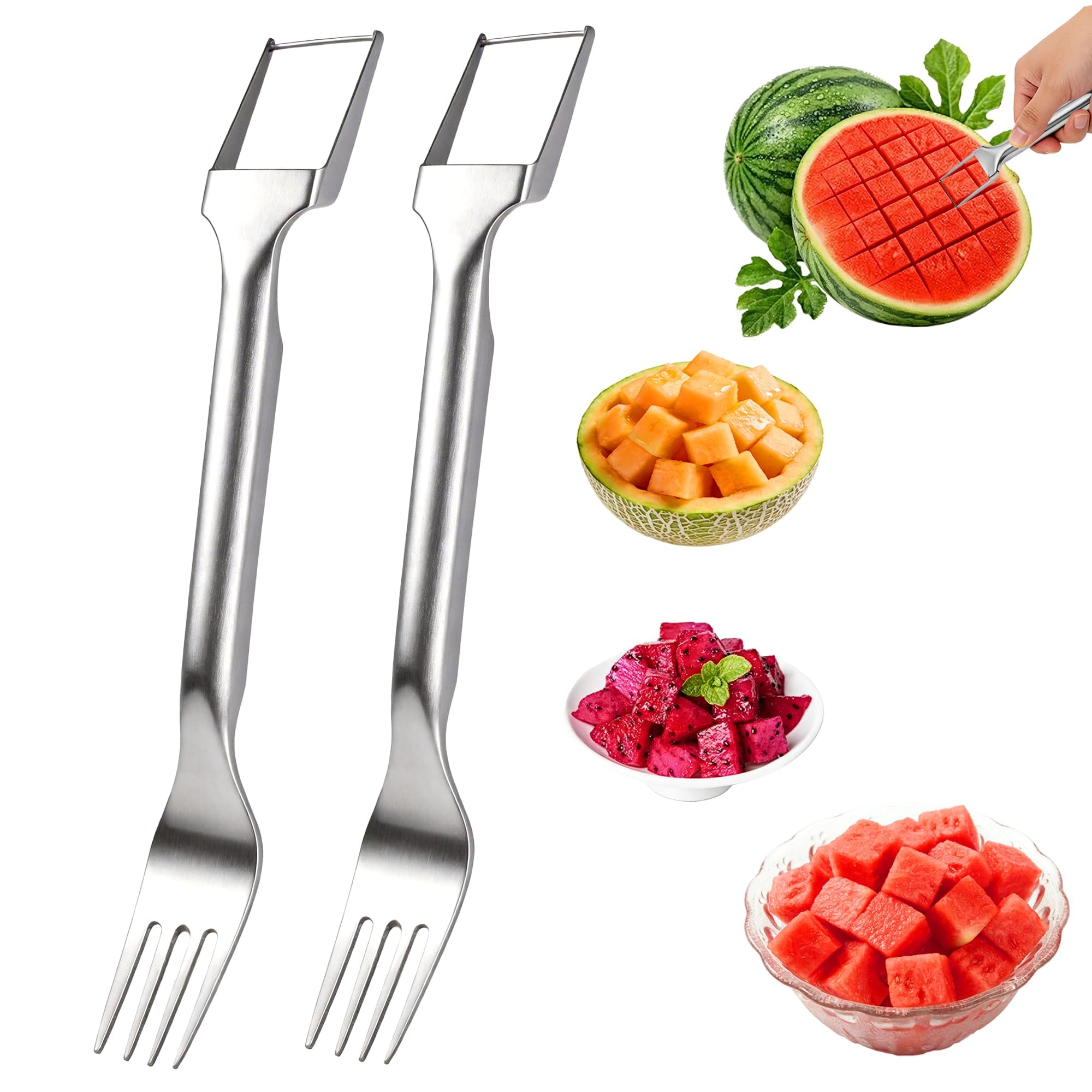 2-in-1 Dual Head Watermelon Slicer Fork, 304 Stainless Steel Fruit Cube Cutter Tool, 2 Pack