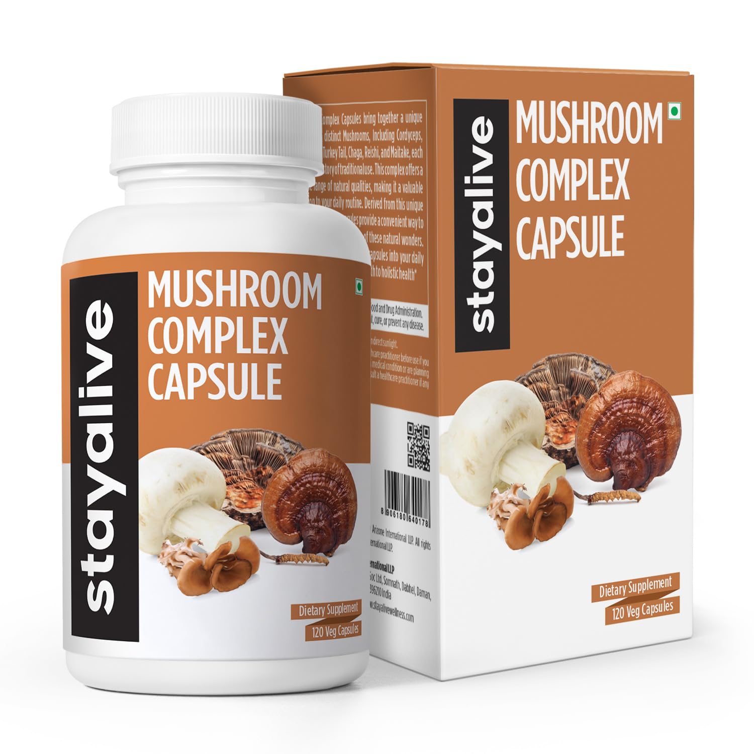 StayAlive Mushroom Complex 1000mg, 6in1 Mushroom Supplement w/Lions Mane Powder, Reishi Mushroom Powder, Cordyceps, Maitake Mushroom Extract, Chaga, Turkey Tail Mushroom Capsules, 120 Vegan Pills