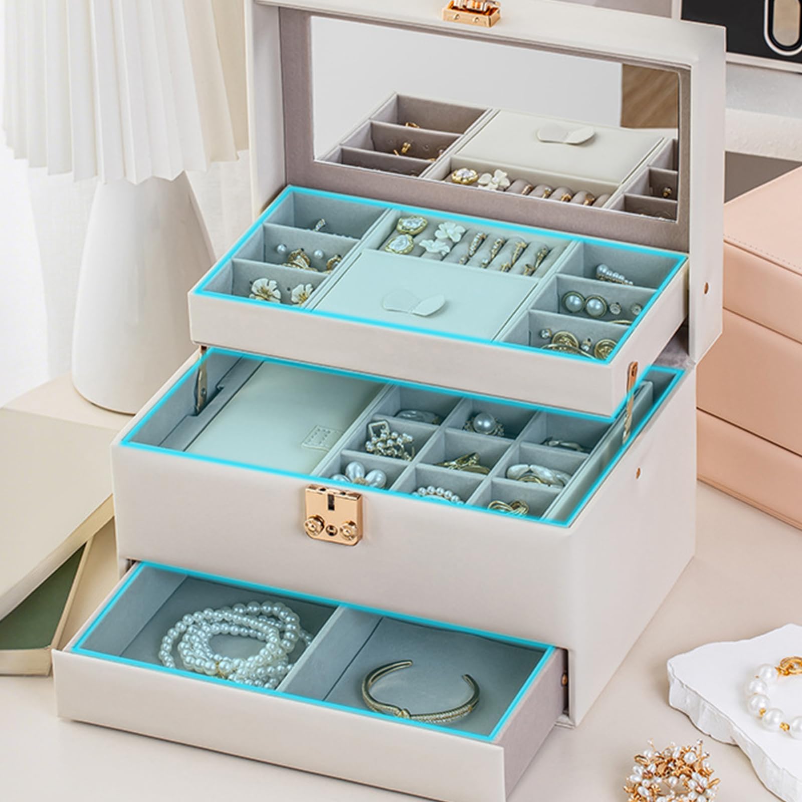 Joyero de apertura automática, organizador de cuero de 3 niveles para aretes, collares, anillos, estuche de almacenamiento apto para viajes, estuche de joyería con múltiples compartimentos