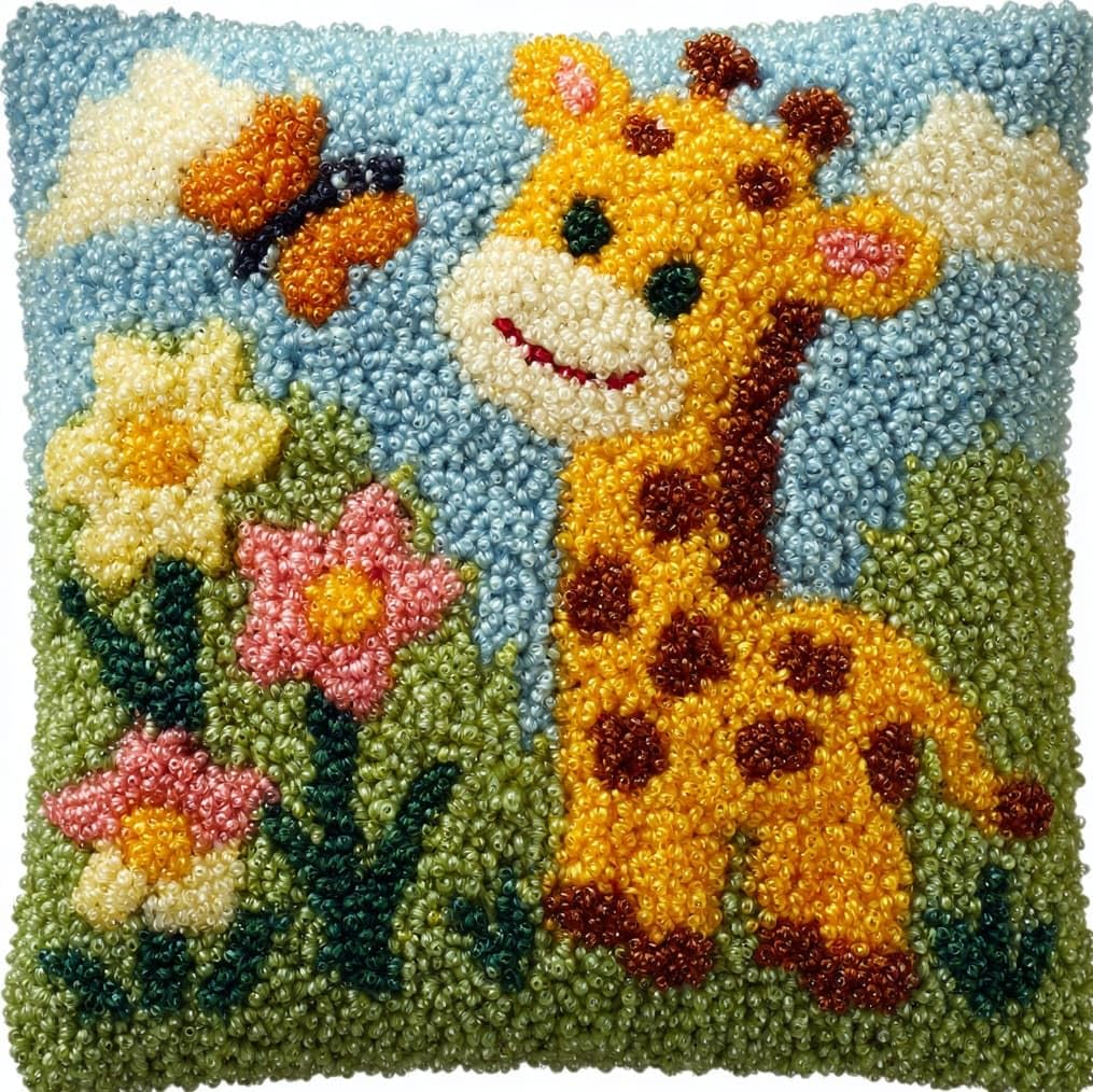 AxiangziK Latch Hook Rug Cushion Kit 43x43cm,Giraffe and Butterfly