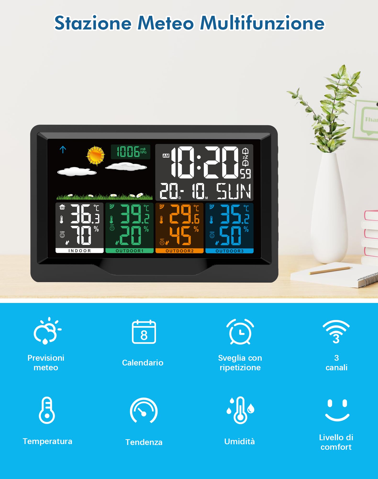Stazione Meteo Meterologica Digitale con 3 Sensore Esterno Wireless, Stazione Meteorologica con Schermo Colori Sveglia Tempo Data Temperatura umidità Previsioni di Tempo (nero)