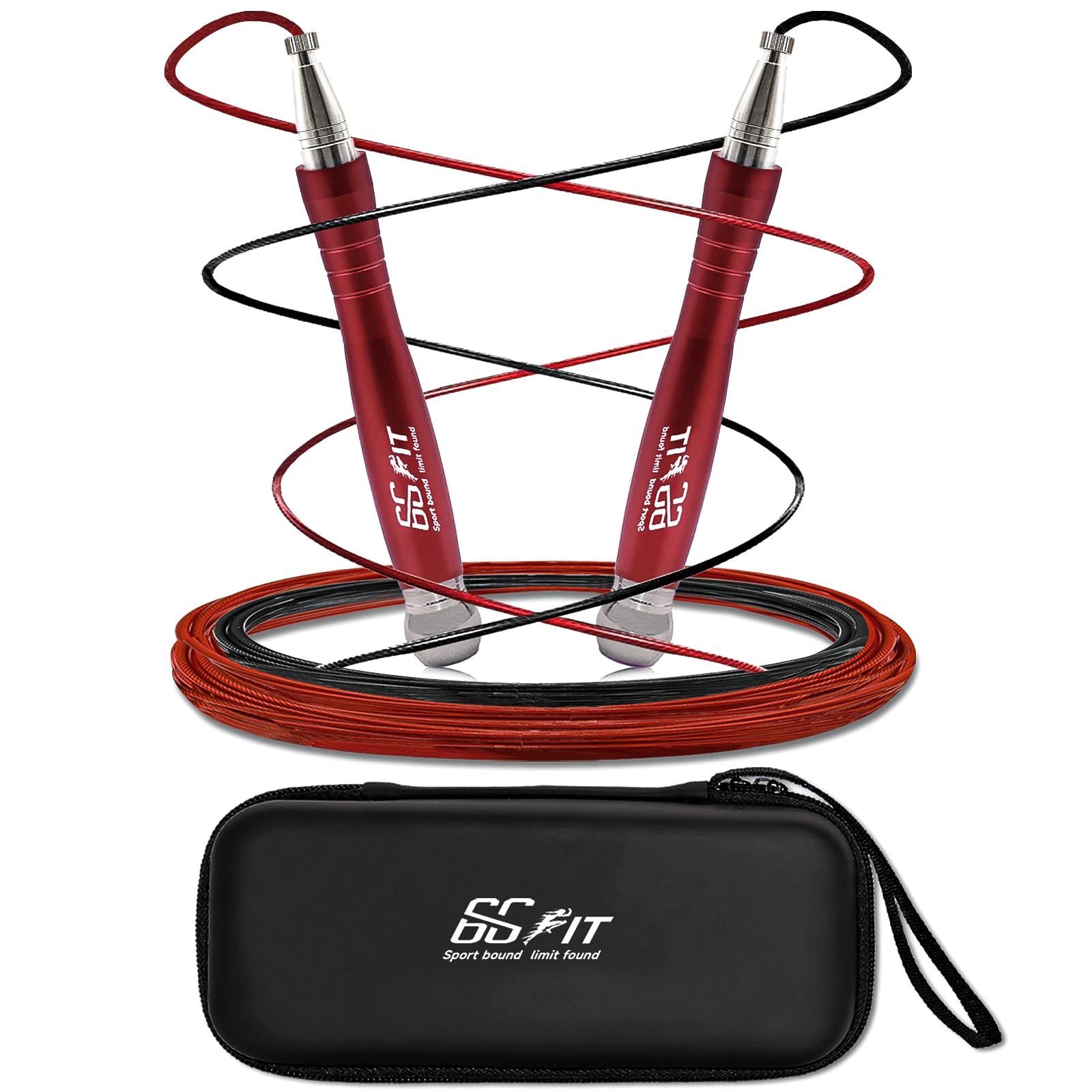 66FIT High Speed Jump Rope,Threadless Self-locking Design, Weighted Jump Rope, 360 Degree Rotatable, Non-slip Textured Handle, Two Interchangeable Ropes for Fitness Training & Home Workout- Red