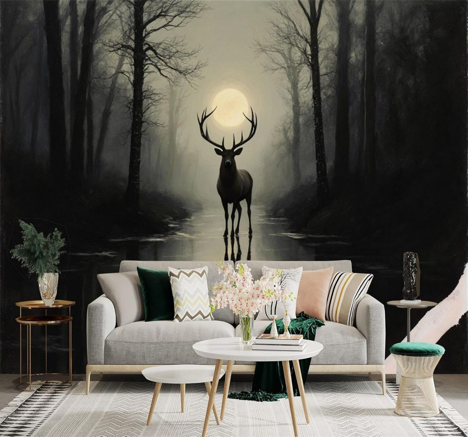 XLMING Misty Forest Elk Moonlight Reflections Scenery 3D Wallpaper Premium Textured Silk Study Dining Living Room Bedroom Sofa TV Wall Easy Install-200cm×140cm