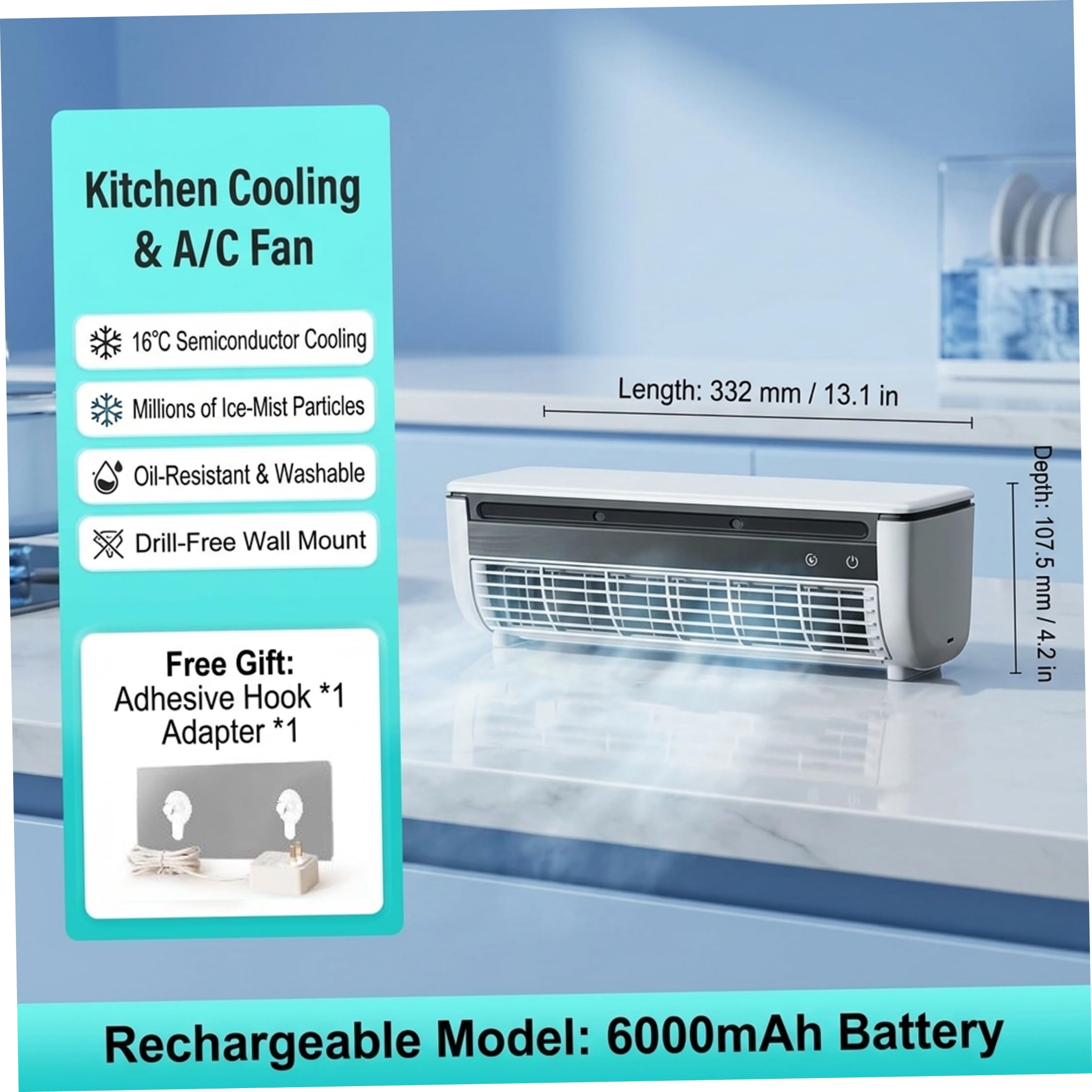 Ventilateur de climatisation, mini climatiseur et ventilateur de climatisation, refroidisseur brume mural sans perçage, rechargeable 6000 mAh, blanc, mini climatiseur