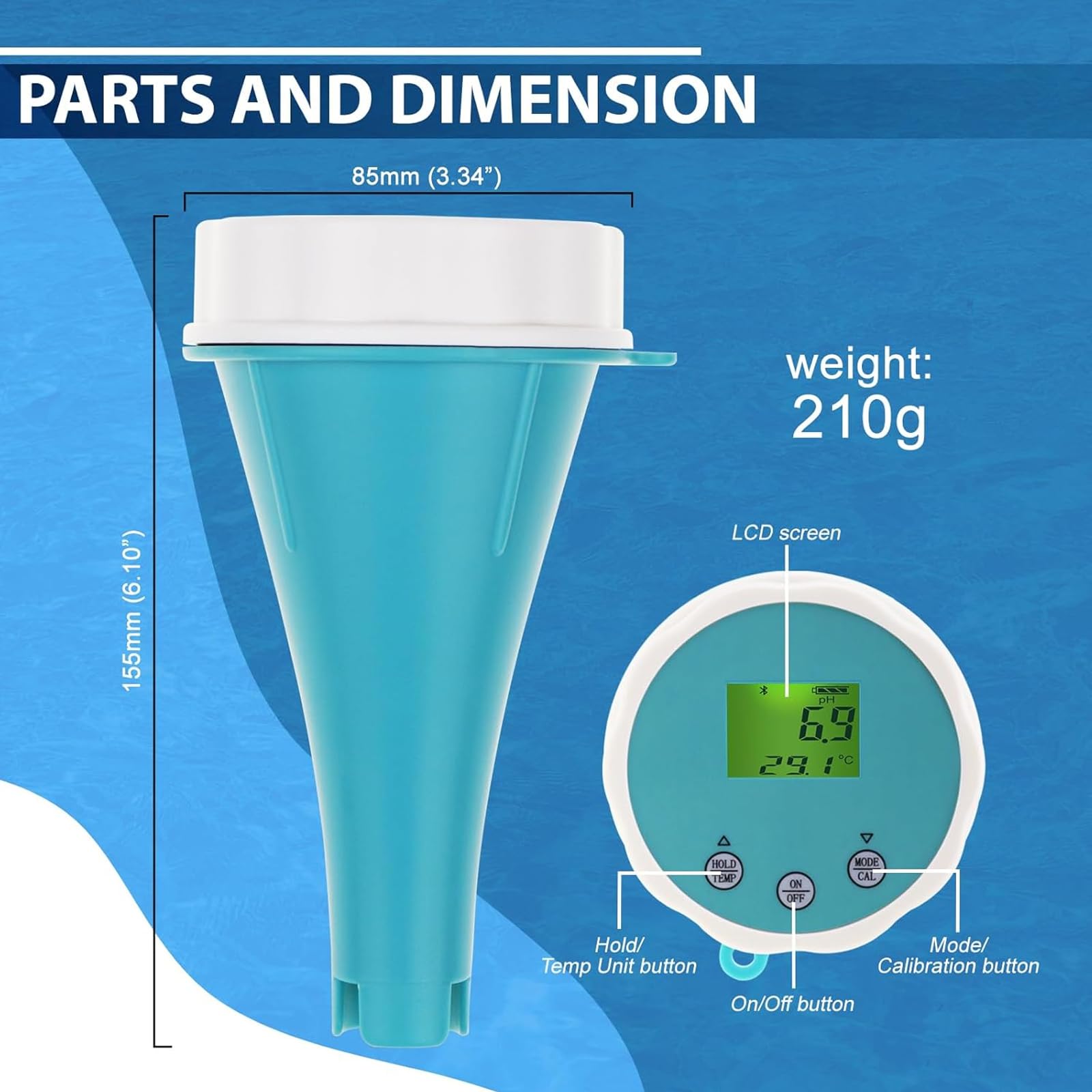 Tester di qualità dell'acqua 6 in 1 con calibrazione automatica, connessione app e archiviazione dati, misura pH, CL, CE, TDS, ORP e temperatura per acquario, acqua potabile e piscina