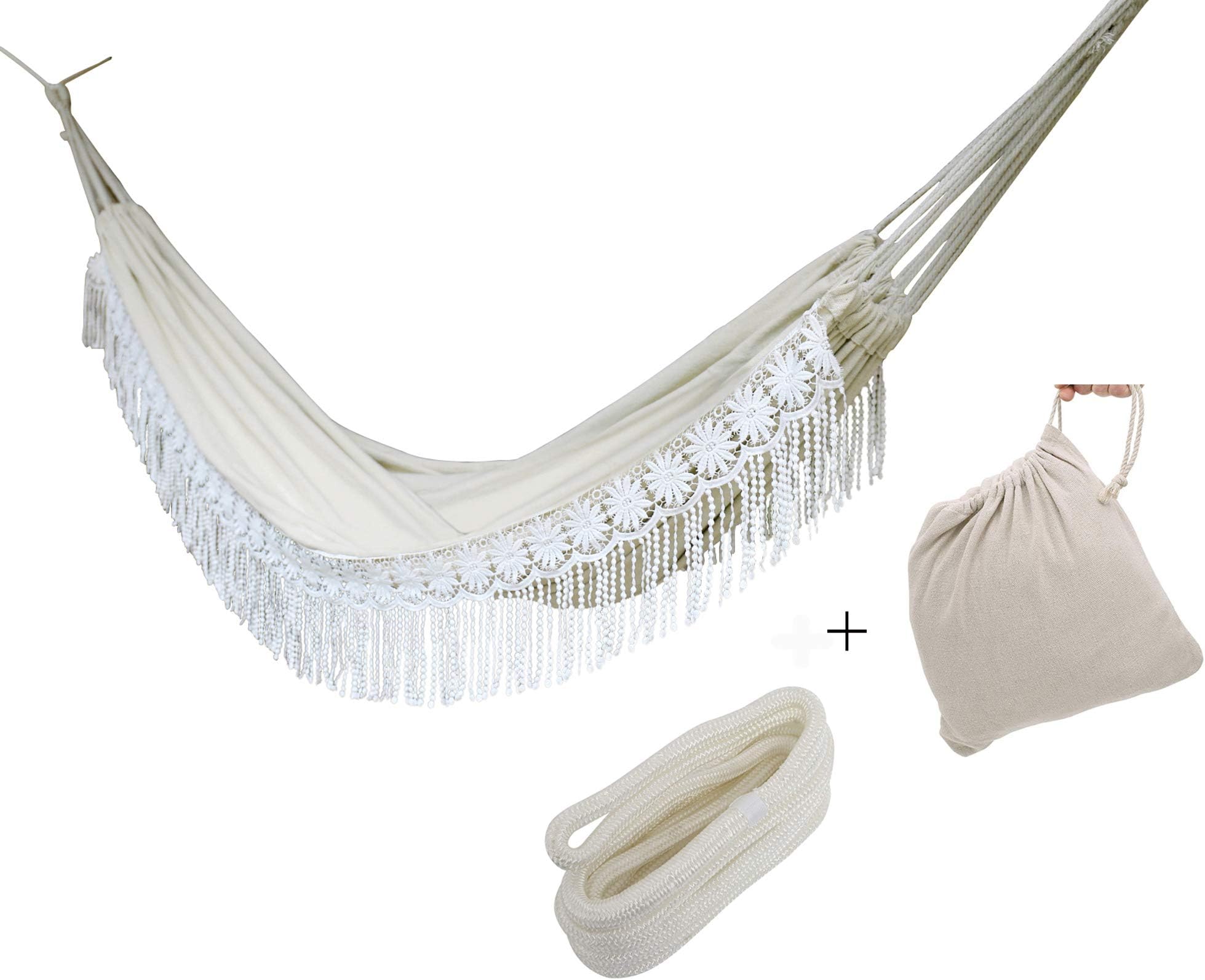 Langjitianya 2 Person Brazilian Fringe Hammock with Tree Rope and Bag, White Lace Wedding Hammock