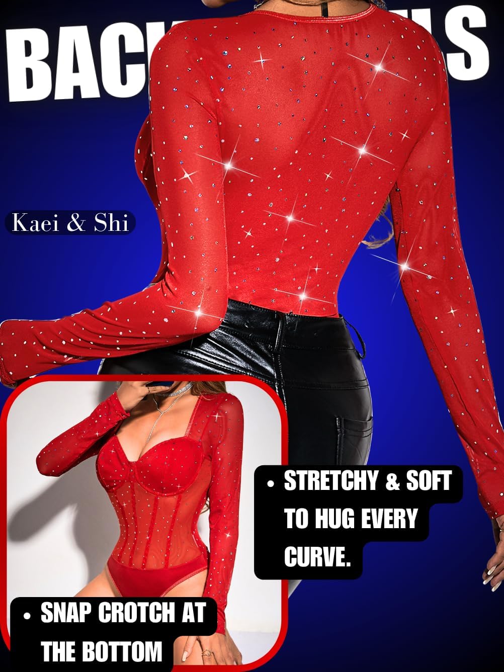 Kaei&Shi Sexy Sparkly Bodysuit, Sheer Mesh, V Neck, Sequin Top - Image 3