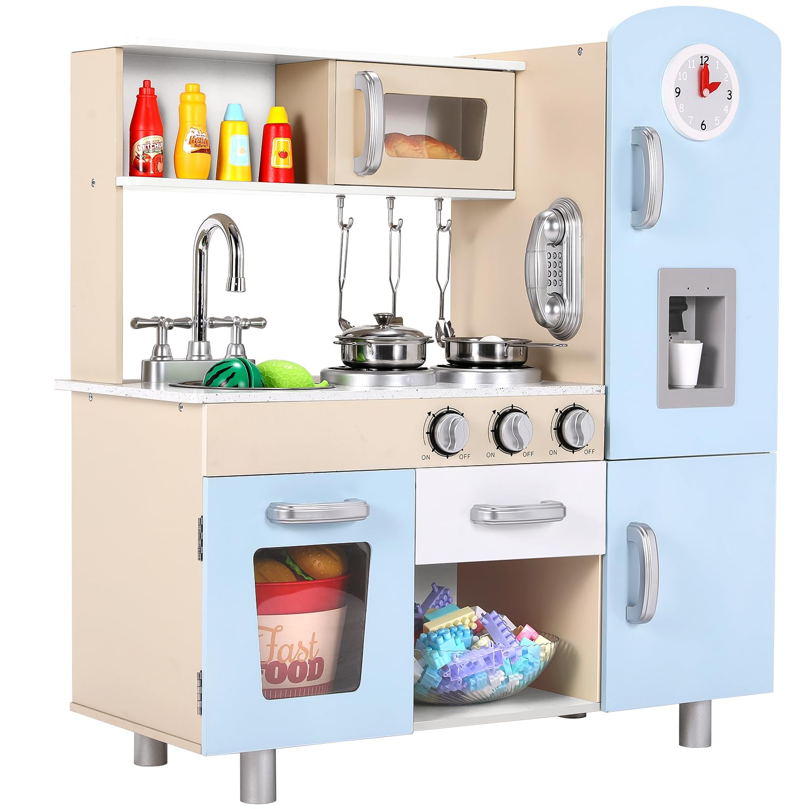 Cucina Legno per Bambini, Cucina Giocattolo per Bambini, Cucina per Bambini in Legno 81x74x30 cm, con Effetti Simulati di Luce e Suono, Dotata di Accessori da Cucina, Blu
