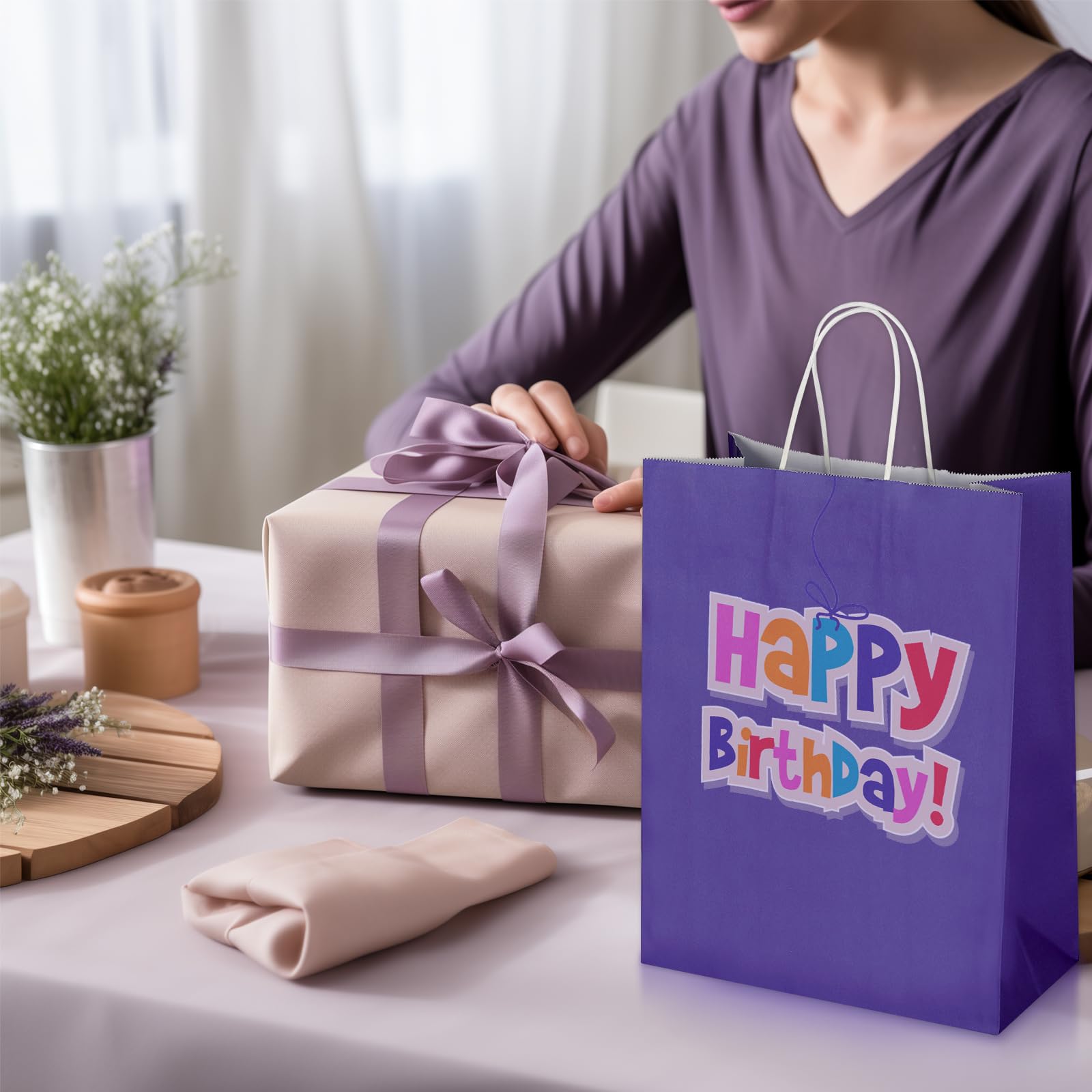 Oikss Confezione da 100 sacchetti regalo grandi in carta naturale con manici, 25 x 12 x 33 cm, sacchetti in carta kraft per feste di compleanno, bomboniere, generi alimentari, shopping, affari,
