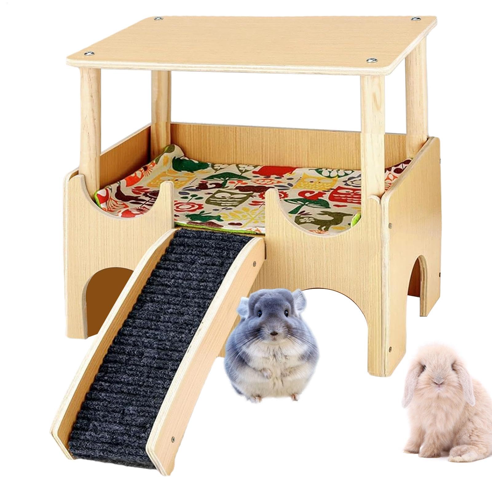 Casetta per criceti in legno, a doppio strato, con scala, accessorio per piccoli animali, per cincillà, conigli, furetti, gerbilli, legno resistente, 1800 g