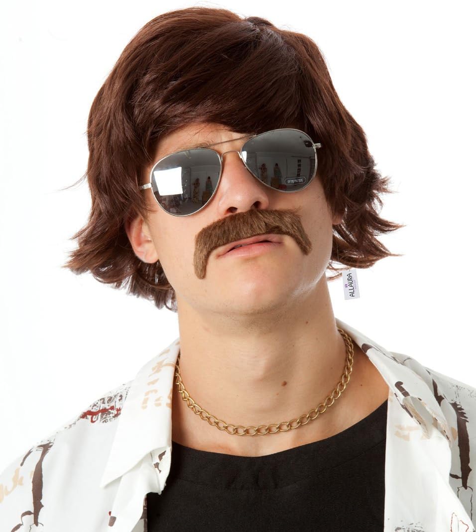 ALLAURA ñ Pedro Wig 60s 70s Sonny Bono Wig and Mustache Short Brown Ron Burgundy Wigs Mens Shag Hippie Fits Adults ñ Halloween Costumes