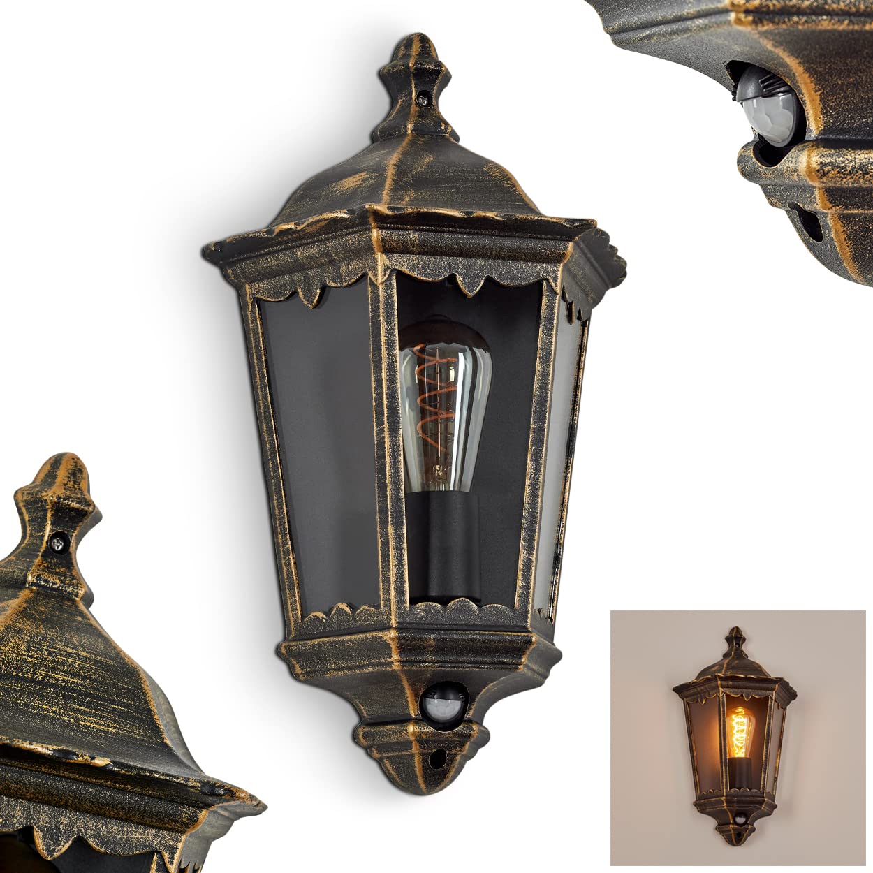 HOFSTEIN Außenwandleuchte Hongkong, Außenwandlampe mit Bewegungsmelder aus Metall/Glas in Braun-Gold/Klar, Wandleuchte Up im Retro/Vintage-Design, E27, IP44, Eingangsbereich, Terrasse, Haustür, Hof