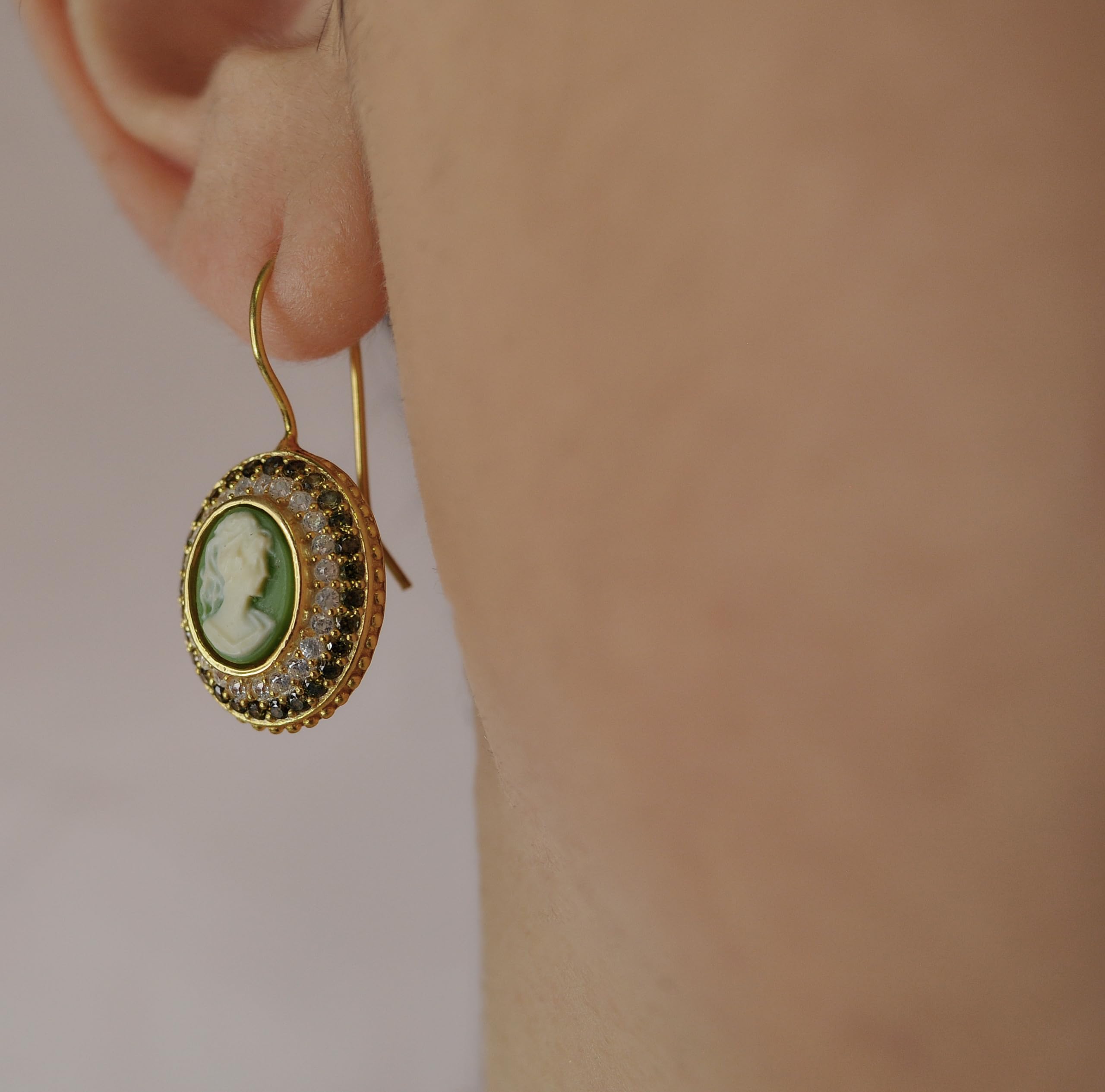 925 Silber Ohrhänger - Hängend - 14k Vergoldet - Lady Kamee - Vintage - Kamee - Antik - Zirkonia - Gemme - Jugendstil - Geschenk für Frauen - Geburtstagsgeschenk - Schmuck-Geschenk
