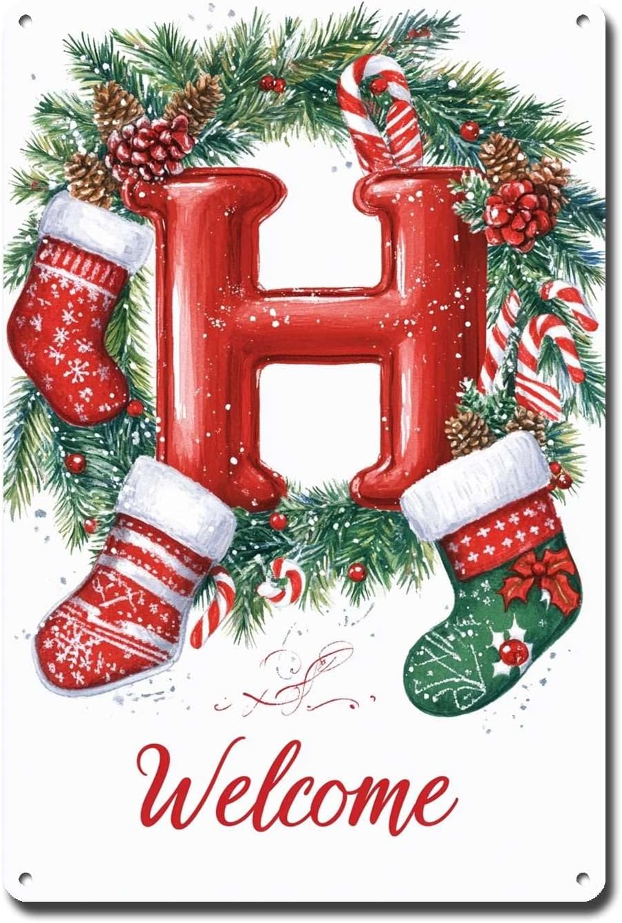 Decorative Tin Sign Vintage Wall Art Christmas-Themed Surname Letter H for Christmas Bedroom Wall Accents and Holiday Dresser top Display 8×12 Inches