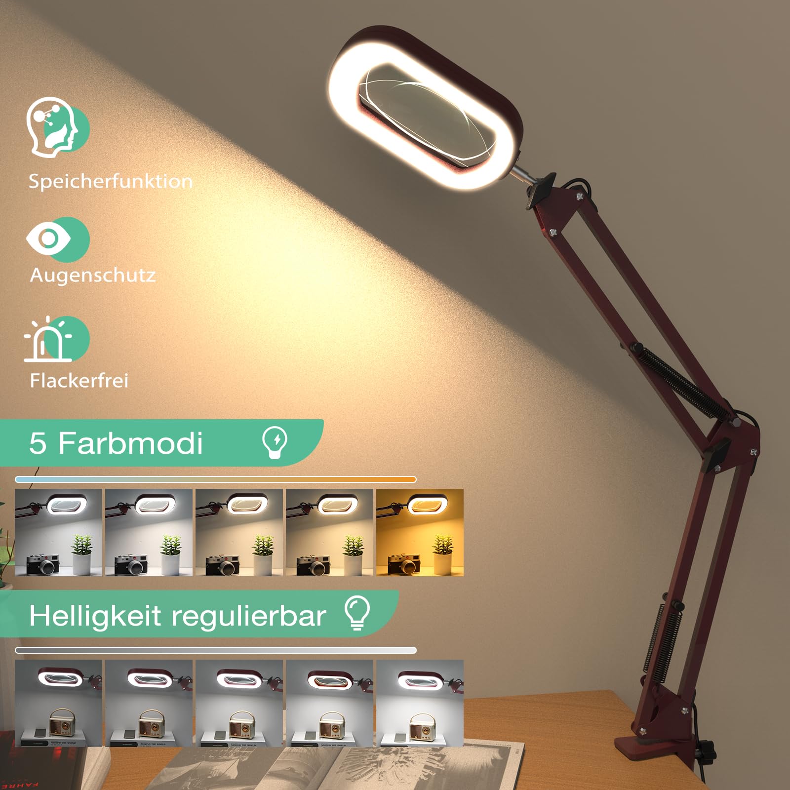 10 lupas con luz y abrazadera, cristal auténtico, lupa de iluminación con soporte de cristal, 5 modos de color y regulable sin niveles, lámpara de escritorio LED, manos libres, para manualidades