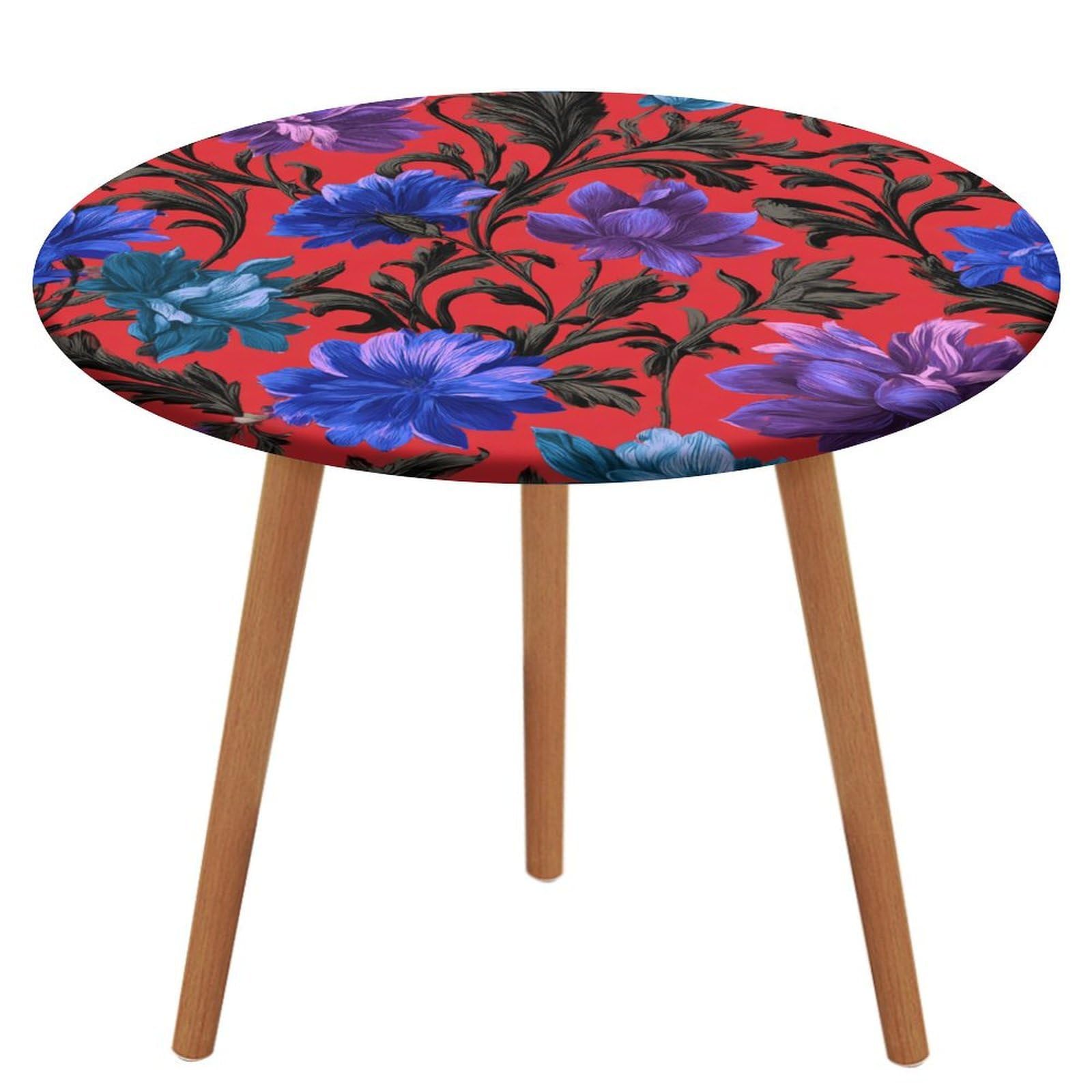 Jubonexis Botanical Motifs Blue Purple Flowers Round Tablecloth,Waterproof Elastic Fitted Table Covers for Picnic Camping Dining 130 Cm