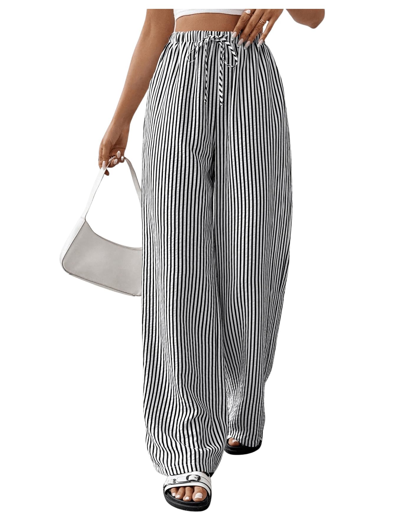 GORGLITTER Womens Striped Linen Pants High Waisted Wide Leg Casual Trendy Beach Trousers