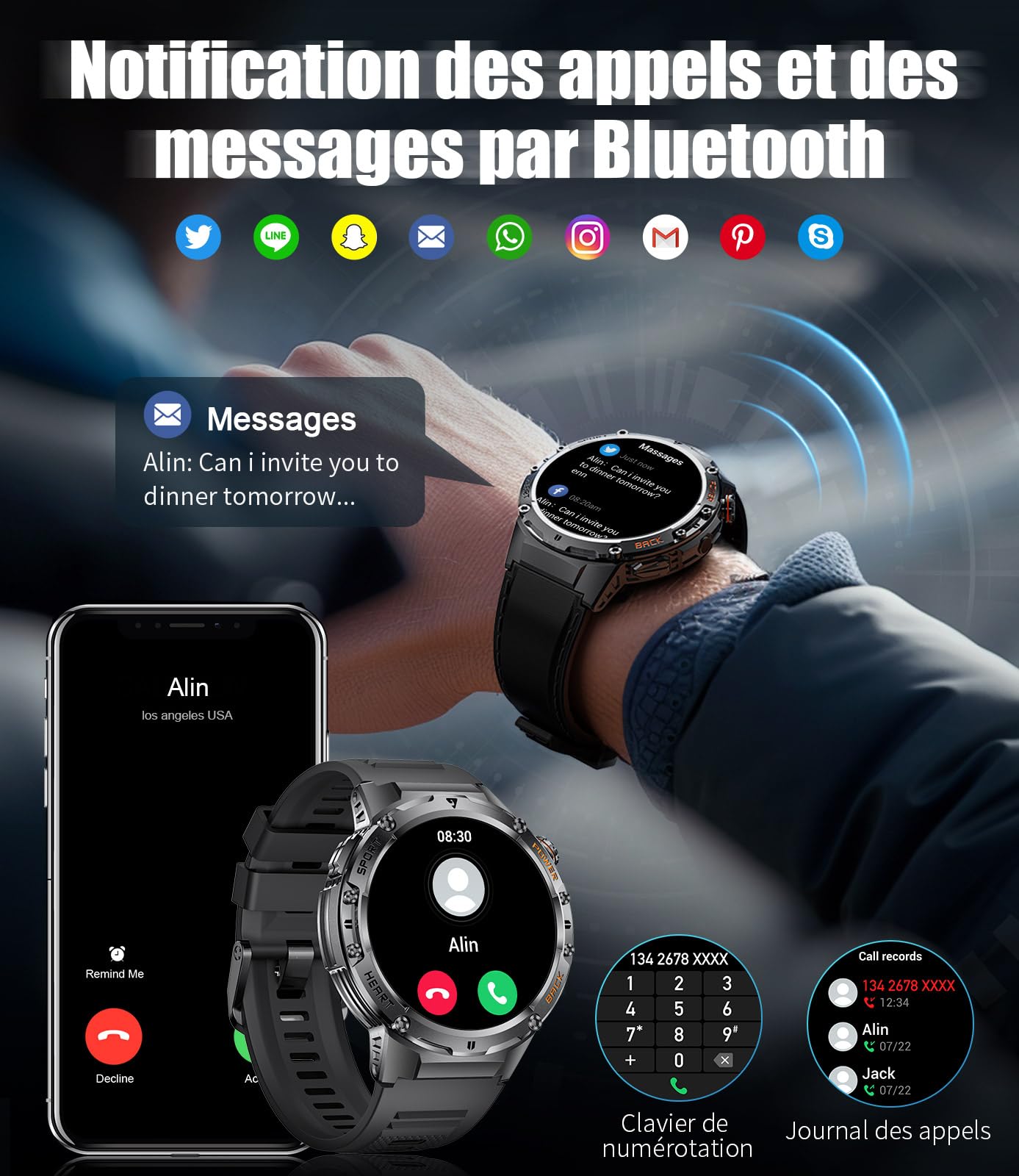 Montre Connectée Homme avec Lampe de Poche,1,43'' AMOLED Fitness Tracker avec avec Appel Bluetooth pour Android iOS Sommeil/Fréquence Cardiaque,Podomètre,530 mAh Sport Smartwatch Homme 2 Bracelets