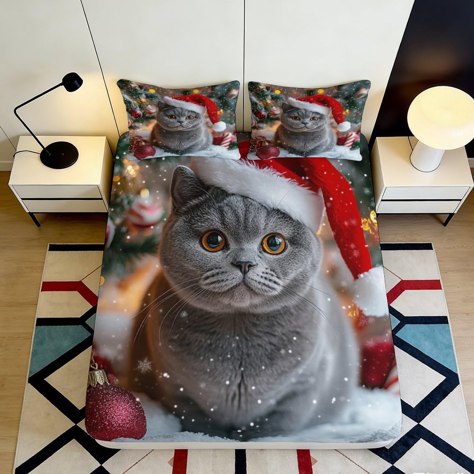 3D Printed Christmas Cat Fitted Sheet Microfiber Soft Bed Cover Santa Hat Grey for Bedroom Dorm Mattress Protection 200x200x25cm