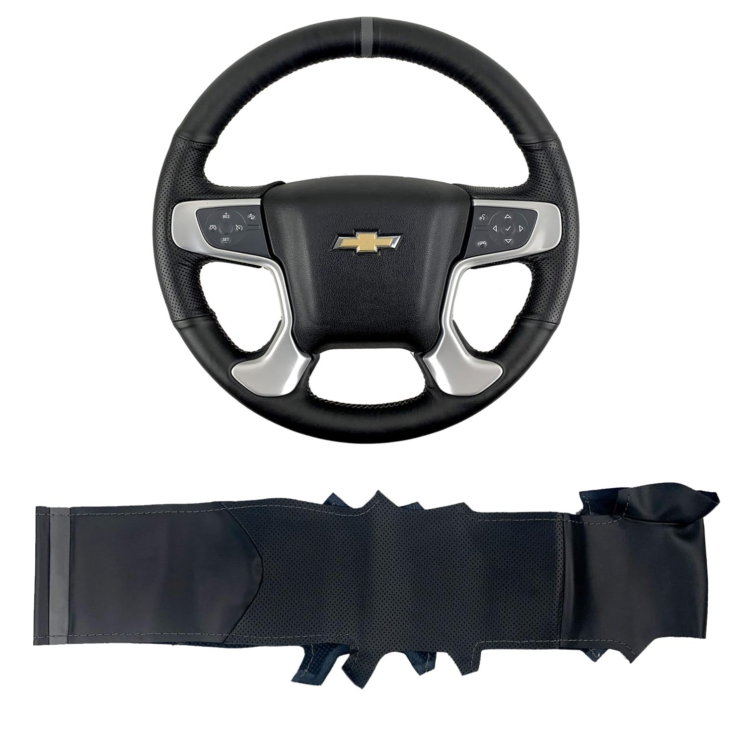 Hand-Sewing Steering Wheel Wrap Cover Black Perforated Leather/Grey Marker Strip Wrap Interior Protection Accessories for GMC Denali/Yukon/GMC Sierra 1500 2500 3500 2014 2015 2016 2017 2018 2019