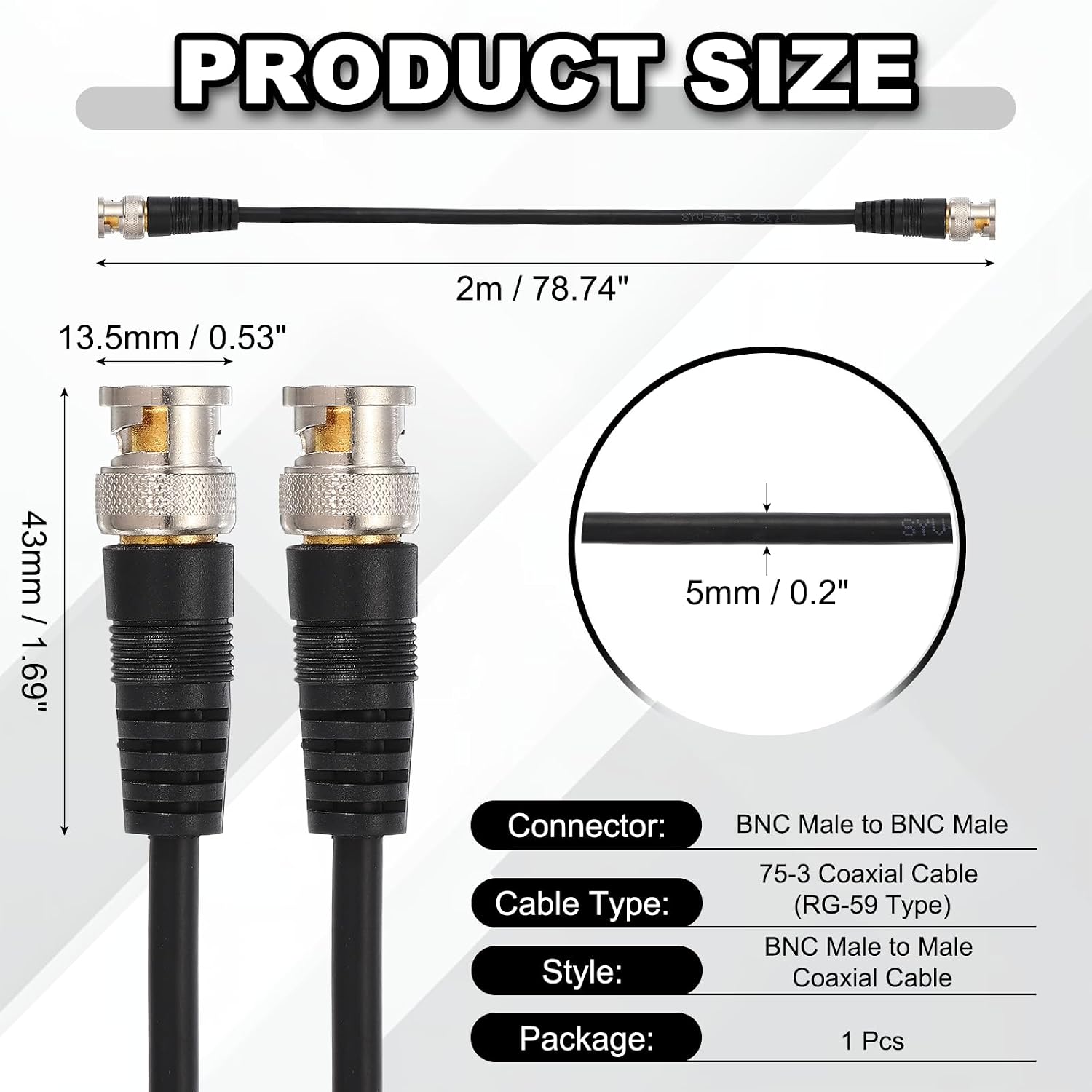 MECCANIXITY BNC Extension Cable Male to Male 6-1/2FT 70-Ohm BNC Cable for Video DVR CCTV Security Surveillance Camera System Monitor(Black)