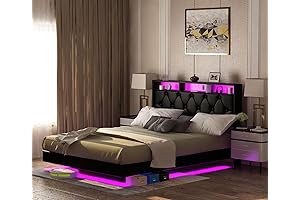 Floating King Size Bed Frame with Lights, USB Ports, and Storage