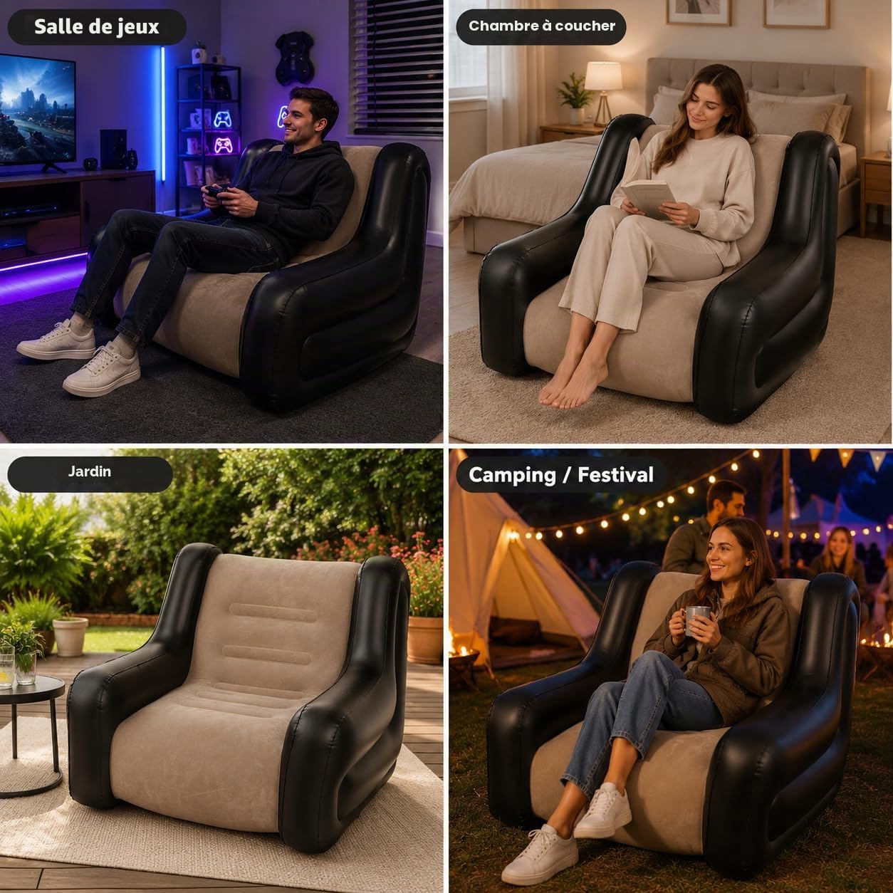 LONEEDY Canapé Chaise Gonflable Bicolore avec Accoudoirs, Kaki | Tissu en peluche doux, pour adultes et enfants, jardin de camping en plein air, chaise longue pour salle de jeux