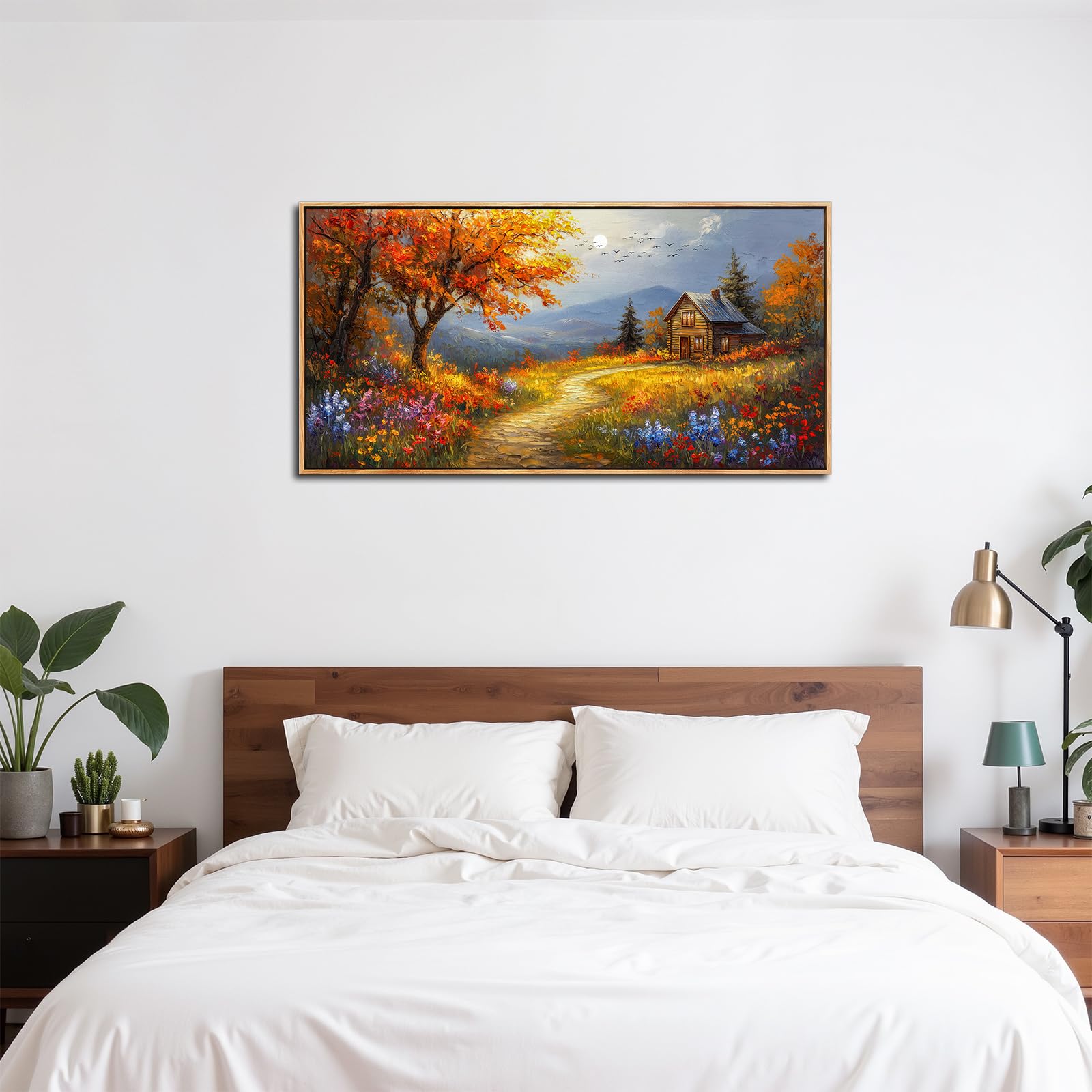 SERIMINO Quadro Moderno Fiori Paesaggio con Cornice Grandi 50x100 cm | Fiori Selvatici, Legno Massello, Tela Densa, Stampa HD, Install Facile, Usi Vari, Regalo