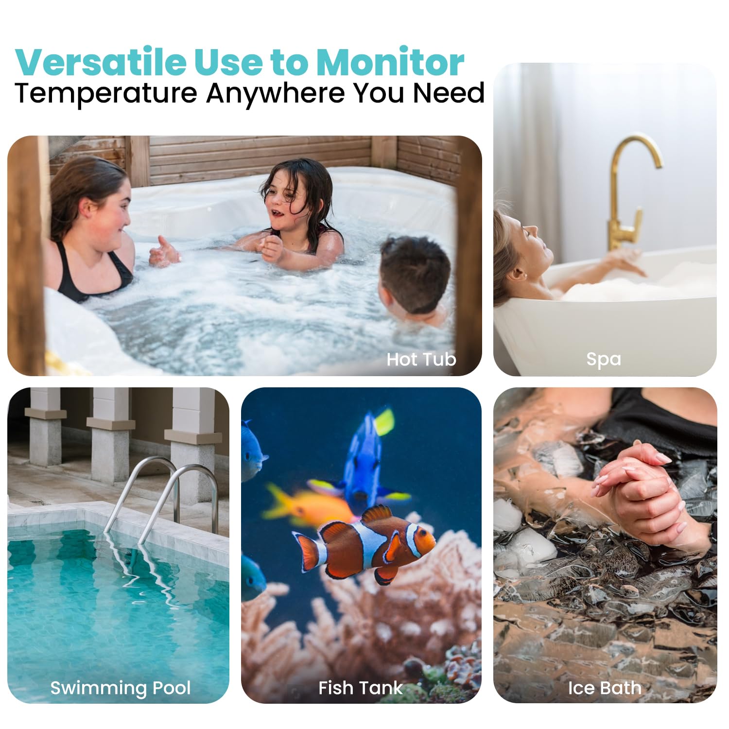Pure55 SpaGauge - Termómetro inalámbrico para bañera de hidromasaje con baterías, termómetro impermeable IPX7 para piscina, flotante, medidor de temperatura digital fácil de leer con pantalla interior